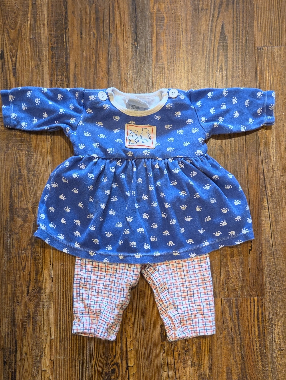 Vintage Baby Blue Paw-Print Dress with Plaid Leggings - Casual Kids Set